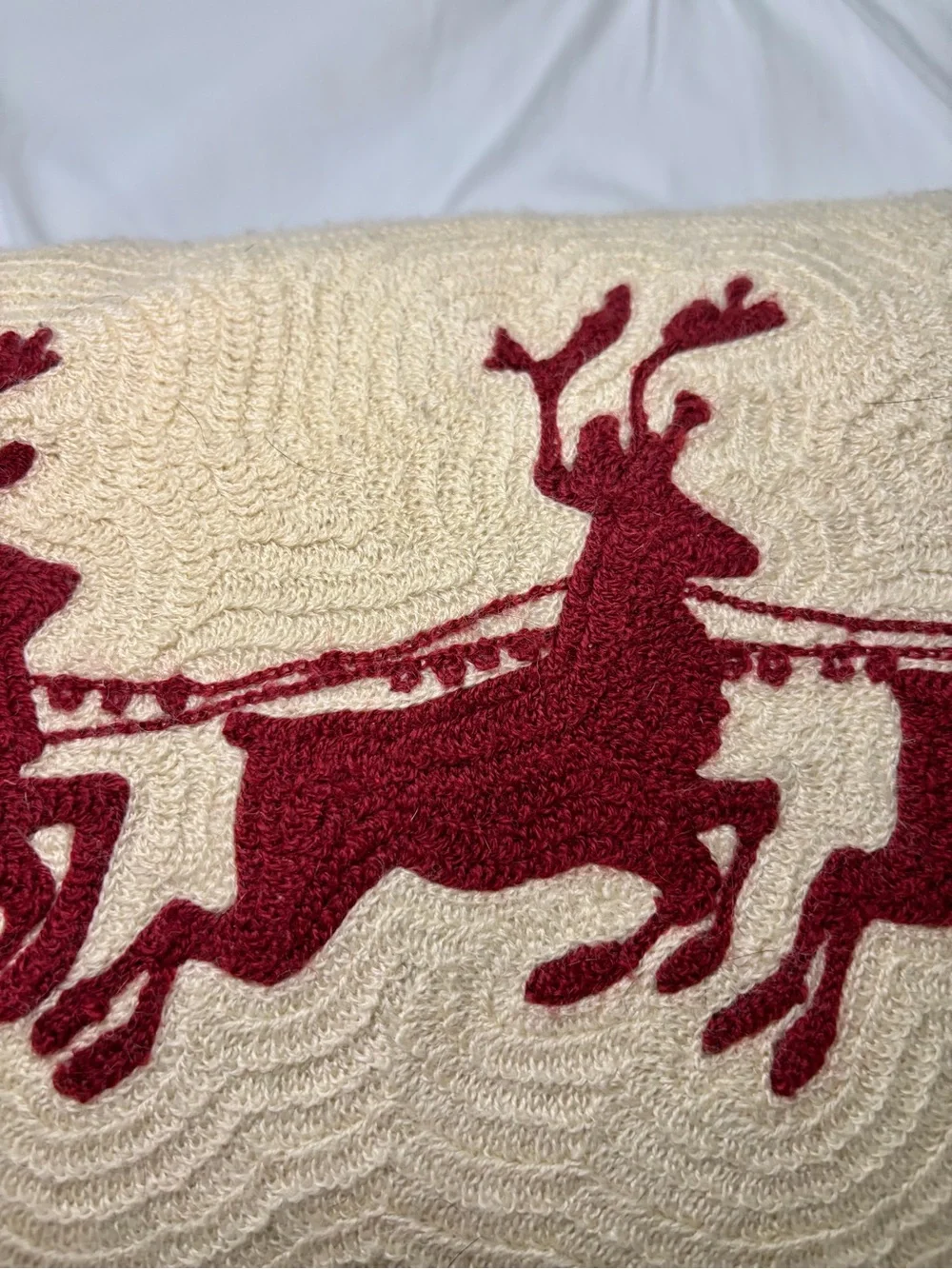 Pottery Barn Embroidered Santa Sleigh Reindeer Holiday Wool Blend Lumbar Pillow